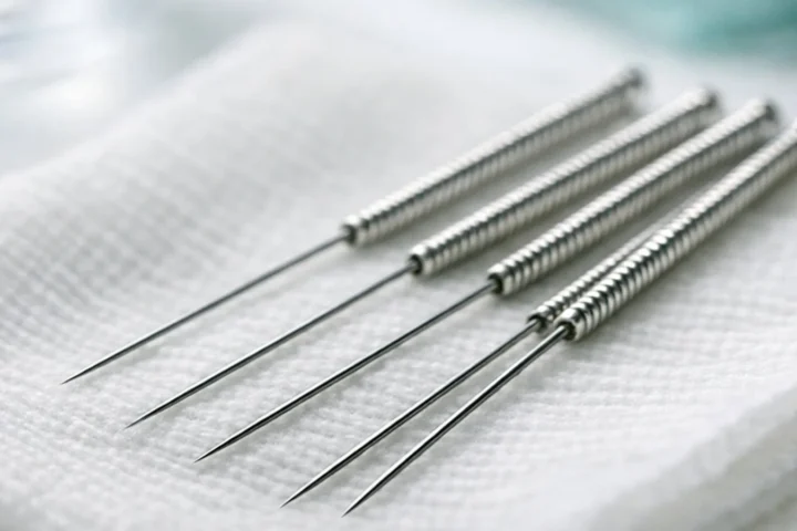 Igły akupunkturowe ułożone na białej tkaninie — ilustracja artykułu o skuteczności akupunktury