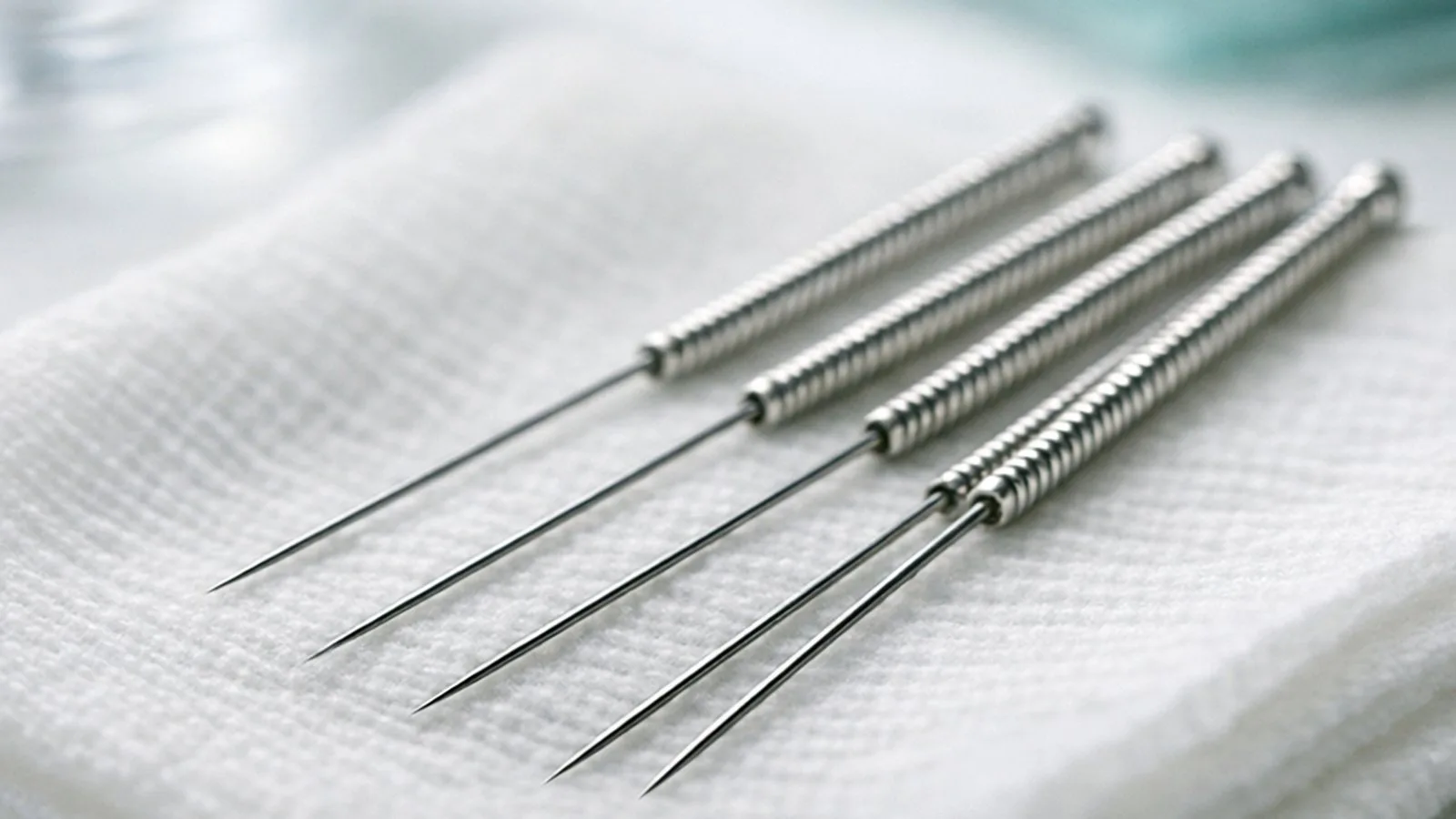 Igły akupunkturowe ułożone na białej tkaninie — ilustracja artykułu o skuteczności akupunktury