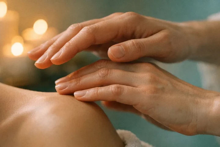 Ręce terapeuty zawieszone nad ramieniem pacjenta w przyciemnionym gabinecie — ilustracja bioenergoterapii