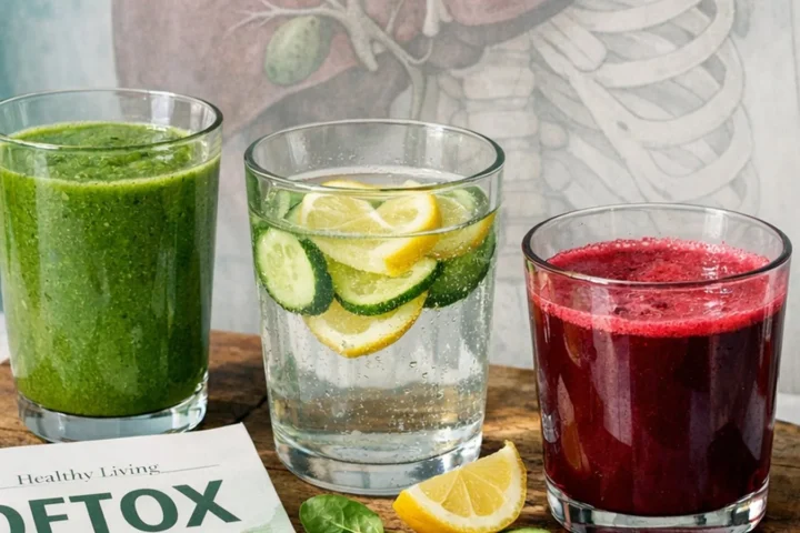 Zielony smoothie, lemoniada z ogórkiem, sok z buraka i ilustracja wątroby — ilustracja mitu detoksu