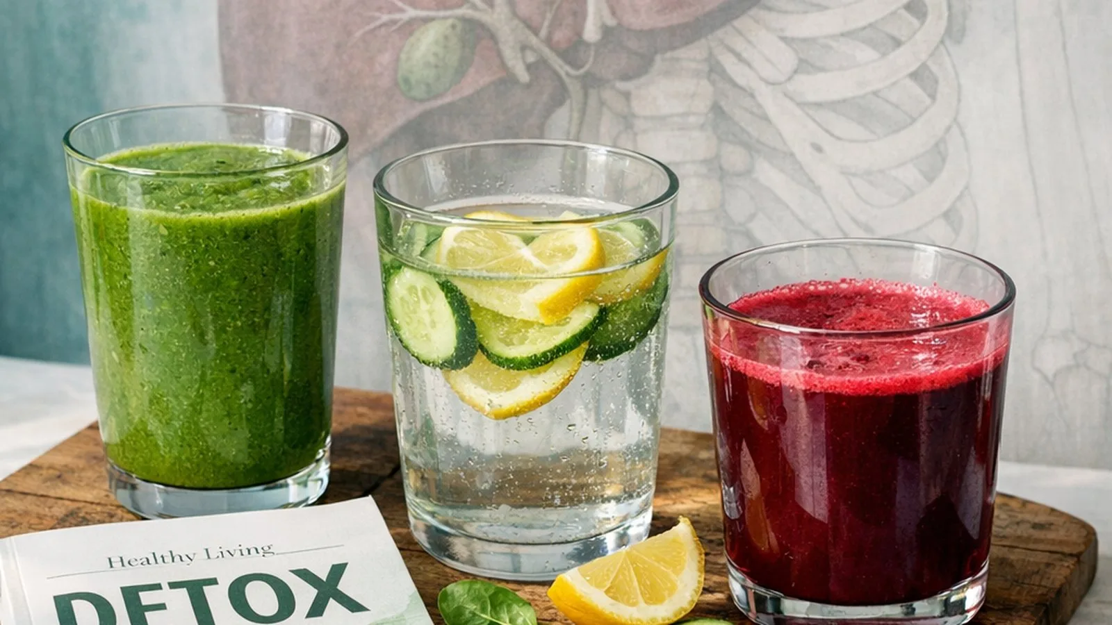 Zielony smoothie, lemoniada z ogórkiem, sok z buraka i ilustracja wątroby — ilustracja mitu detoksu