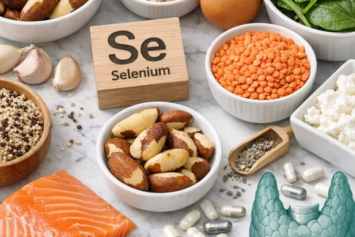 Produkty bogate w selen — orzechy brazylijskie, jajka, soczewica — oraz ilustracja tarczycy, kontekst leczenia Hashimoto