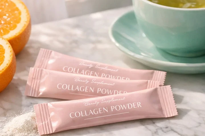 Saszetki z kolagenem i owoce — ilustracja artykułu o suplementacji