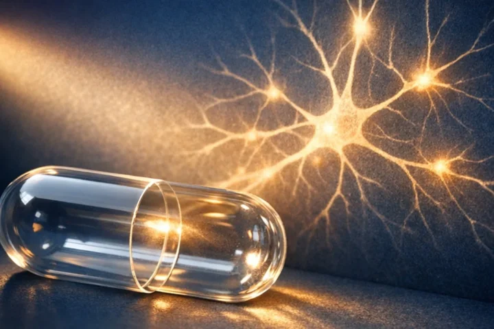 Przezroczysta tabletka z promieniem światła — koncepcyjna ilustracja efektu placebo i neurobiologii